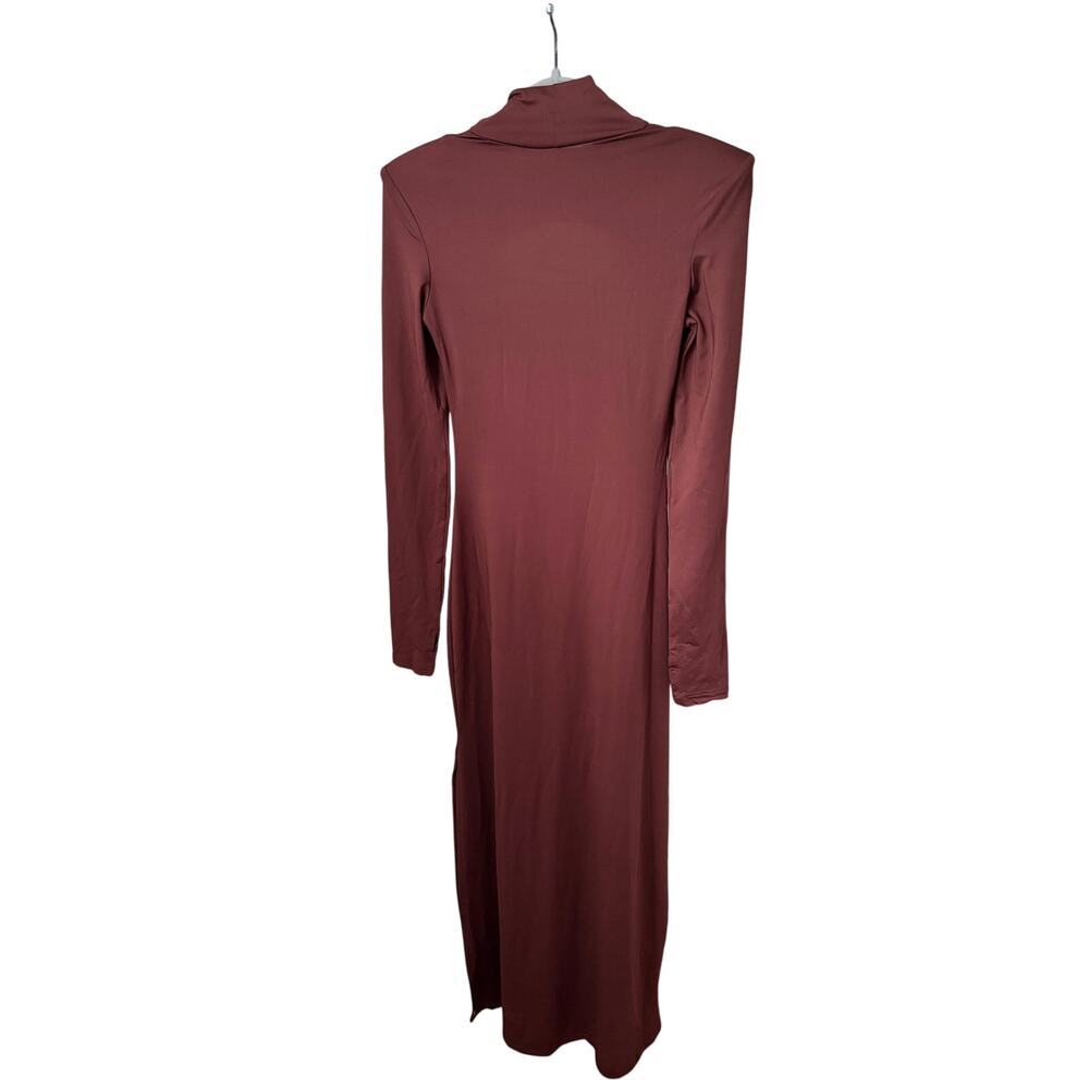Womens Brown Cut Out Bodycon Maxi Dress Small Long Sleeve Mock Neck Shoulder Pad - Picture 9 of 9